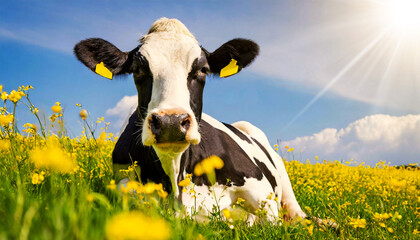 Close-up of a black and white dairy cow (heifer) resting on a green pasture with yellow blurred flowers, looking at the camera, against a clear blue sky with clouds and sunbeams. Generative Ai. - Powered by Adobe