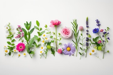 Several colorful flowers arranged in a bunch on a clean white surface