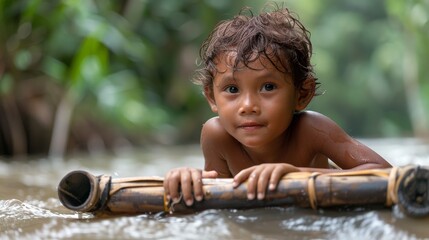 Close-up portrait of a playful child with curly hair in the water holding a bamboo stick - obrazy, fototapety, plakaty