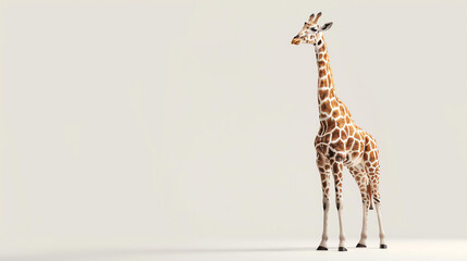 Image of a tall giraffe standing on a solid background. The giraffe is looking to the right of the frame. It has a long neck and a spotted coat.