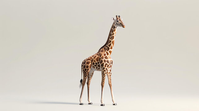 Image of a tall giraffe standing on a plain background. The giraffe is looking to the right of the frame. It has a long neck and a spotted coat.