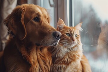 Serene dog and cat looking out the window together, calm and friendship concept