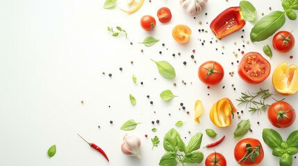 Top view of various fresh vegetables and spices on white background. Healthy eating concept. - obrazy, fototapety, plakaty