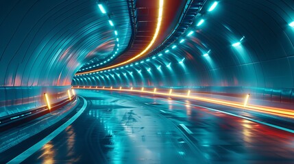 An abstract illustration showcases blurred motion in an urban road or highway tunnel, featuring blue tones.