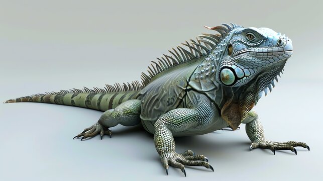 A green iguana is sitting on a white background. The iguana is looking to the right of the frame. The iguana has a long tail and sharp claws.