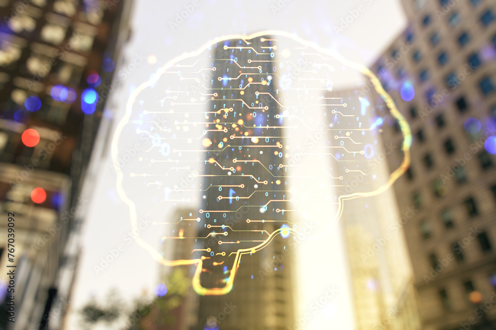 Poster double exposure of creative artificial intelligence interface on modern skyscrapers background. neur
