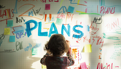 Creative Child Brainstorming Ideas with Colorful Sticky Notes