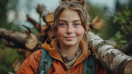 Confident young girl on a hiking adventure in the woods - obrazy, fototapety, plakaty