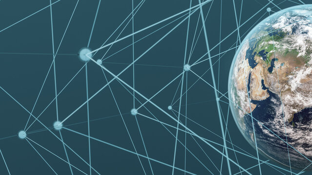 Digital illustration depicting interconnected nodes overlaying Planet Earth, symbolizing global information and communication networks