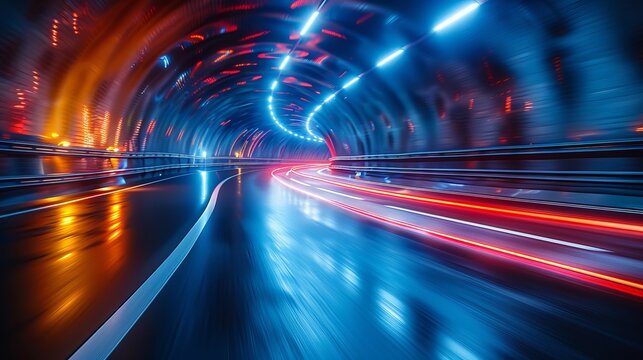 An abstract illustration showcases blurred motion in an urban road or highway tunnel, featuring blue tones.