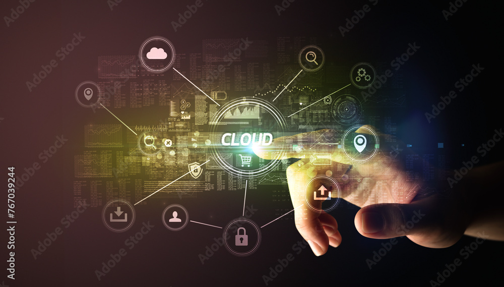 Poster hand touching cybersecurity button