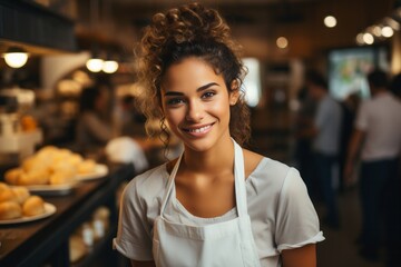 Smiling worker woman standing in cafe