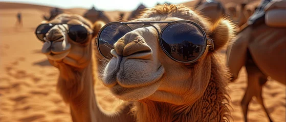  a three camels wearing sunglasses on a sandy beach © Masum