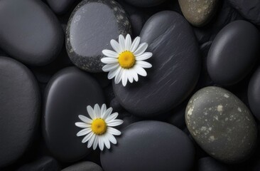 Two chamomile is large on gray stone background. Copy space, place for text, empty space.