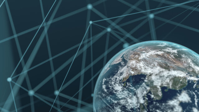 An artistic depiction of Earth surrounded by a network, highlighting the interconnectedness of the digital age