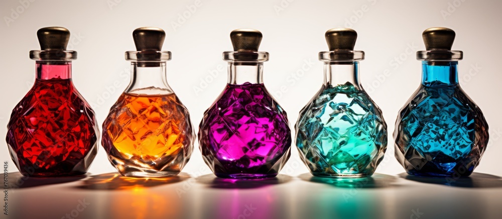 Poster five glass bottles containing differently colored liquids are arranged in a row on a table, creating