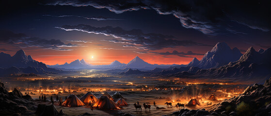 painting of a camp site in the middle of a desert with a sunset - obrazy, fototapety, plakaty