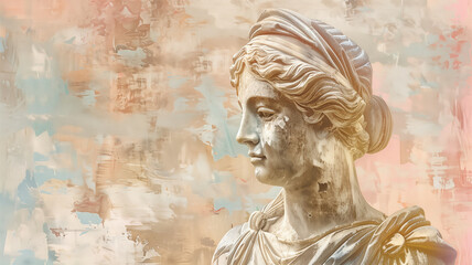 Ancient Greek antique sculpture of a woman, goddess, made in pastel colors of the background. Generative AI. Enhancing the Aura of Divine Femininity. 