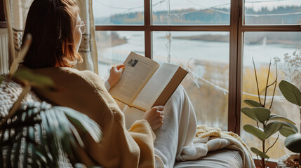 A woman wearing glasses is reading a book while sitting on a couch with a view of a lake. Concept of relaxation and tranquility, as the woman enjoys her book in a peaceful setting. Winter season.