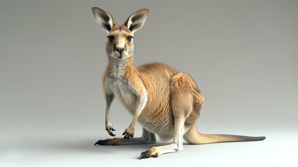 A kangaroo is standing on a white background. It has a light brown body and a white belly. Its ears are perked up and it is looking at the camera.