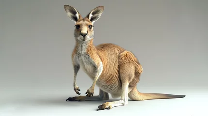  A kangaroo is standing on a white background. It has a light brown body and a white belly. Its ears are perked up and it is looking at the camera. © Design