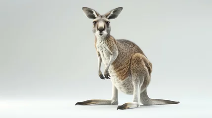 Foto op Plexiglas A kangaroo is standing on a white background. The kangaroo is looking at the camera. It has brown fur and a long tail. © Design