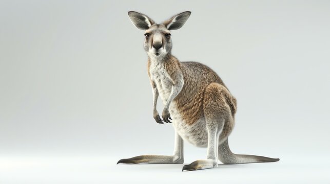 A kangaroo is standing on a white background. The kangaroo is looking at the camera. It has brown fur and a long tail.