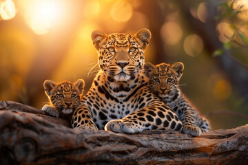 A mother leopard takes care of the leopard cubs in the wild