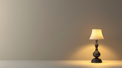 Warm light from a classic table lamp illuminates a blank wall in the background. - obrazy, fototapety, plakaty