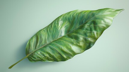 3D rendering of a large green leaf with water drops on its surface. The leaf is isolated on a pale green background.