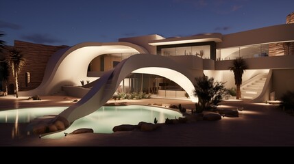 Desert contemporary villa with stucco curves integrated water features and indoor/outdoor convergence.