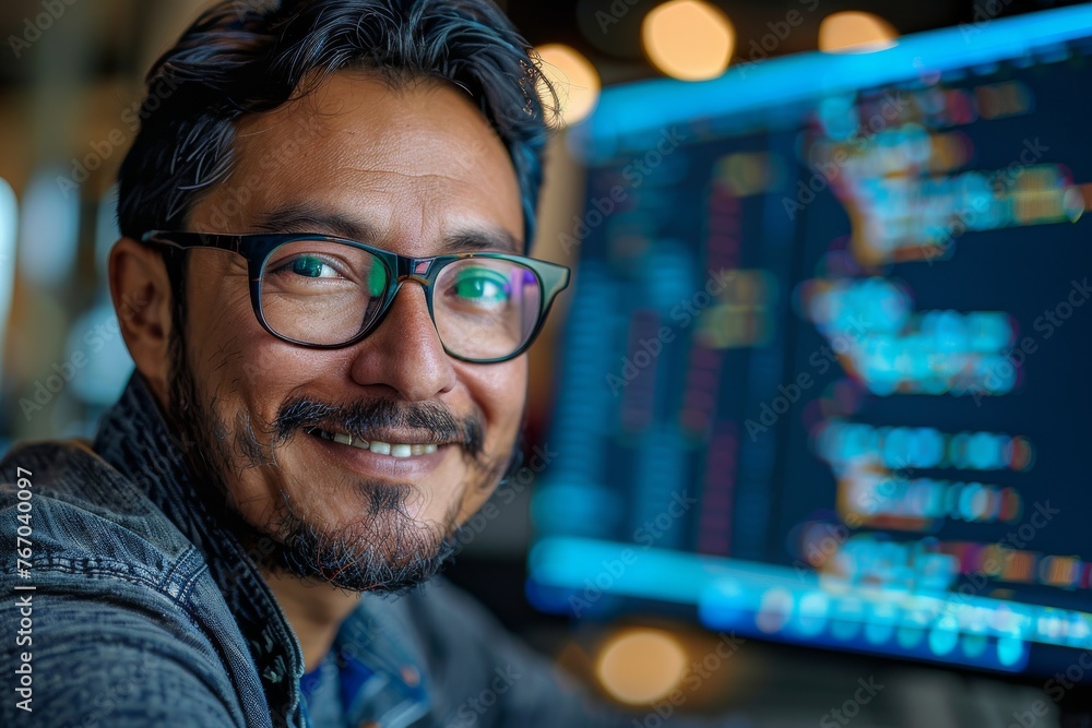 Poster confident software developer smiling at workplace with computer code on screen