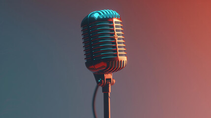 A retro silver microphone with a blue and red neon glow on a dark background.