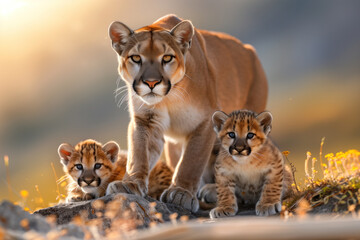 Obraz premium A mother puma takes care of the puma cubs in the wild
