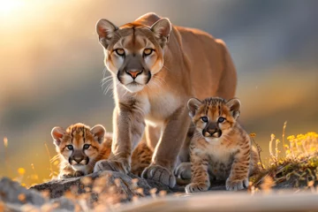 Raamstickers A mother puma takes care of the puma cubs in the wild © steevy84