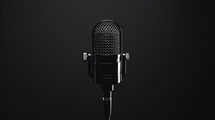 3D rendering of a black vintage microphone isolated on a black background. The microphone is in focus and the background is slightly blurred.