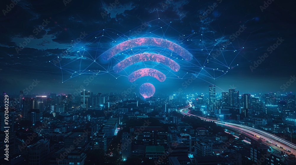 Poster blue high-tech cityscape connected by lines with a wifi sign, representing technology concept and th