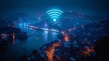 Blue high-tech cityscape connected by lines with a WiFi sign, representing technology concept and the internet of things.
