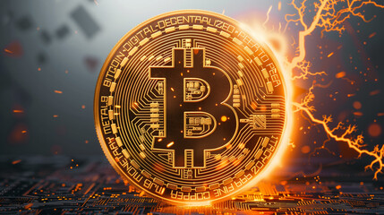 Gold bitcoin coin being electrocuted to try and destroy it, power of cryptocurrency and blockchain technology concept - obrazy, fototapety, plakaty