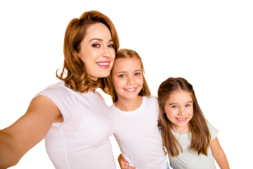 Self-portrait of three nice stylish lovely attractive winsome dreamy cheerful positive people standing in order of height isolated over bright vivid shine yellow background