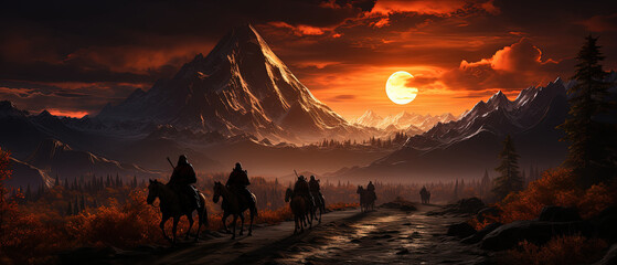 horses are walking down a path in front of a mountain - obrazy, fototapety, plakaty