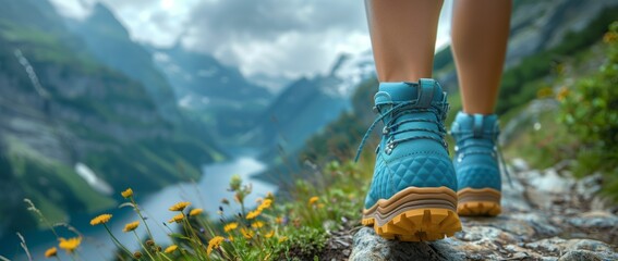 A persons leg in blue hiking boots hikes on a mountain trail