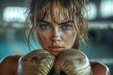Determined female boxer resting in gym