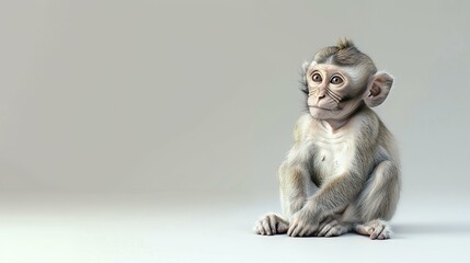 A baby monkey sits on a white surface looking away from the camera with a curious expression on its face.