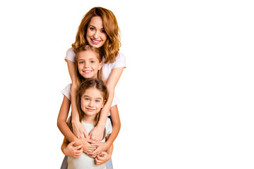 Portrait of three nice cute lovely attractive adorable cheerful positive funny blonde people...