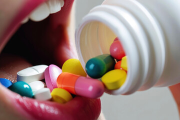 woman pouring colorful pills and capsules in mouth from white packer bottle - 767040499