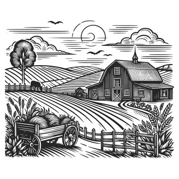 cozy rural farm house pastoral landscape, featuring farmhouses, cultivated fields, lush vegetation. Sketch engraving generative ai raster illustration. Scratch board imitation. Black and white image.