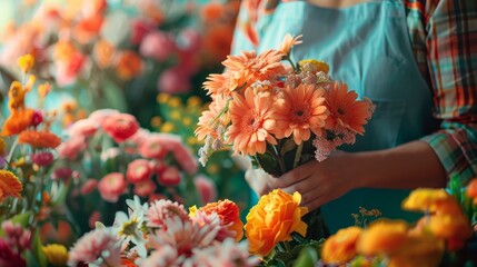 Artistic florist at work creating a vibrant bouquet of fresh flowers - obrazy, fototapety, plakaty