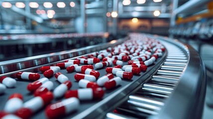 Industrial precision in pharmaceuticals with colorful capsules on conveyor belt - obrazy, fototapety, plakaty