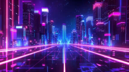Fototapeta na wymiar Bottom-up view of a futuristic neon cityscape at night, characterized by retro wave and cyberpunk elements, with bright neon purple and blue lights illuminating the dark background.